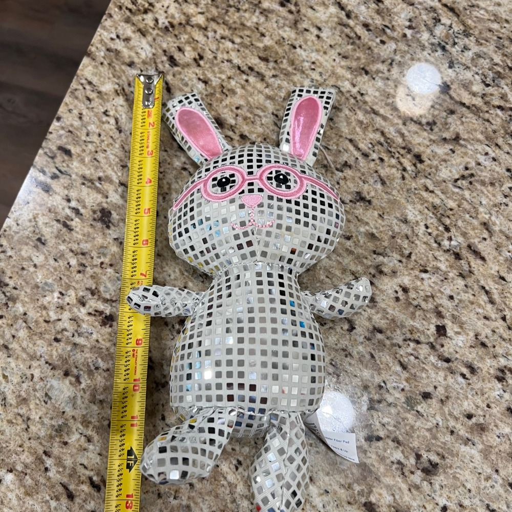 Disco Bunny Silver Mirrored Mosaic Plush Stuffed Animal Pink Glasses